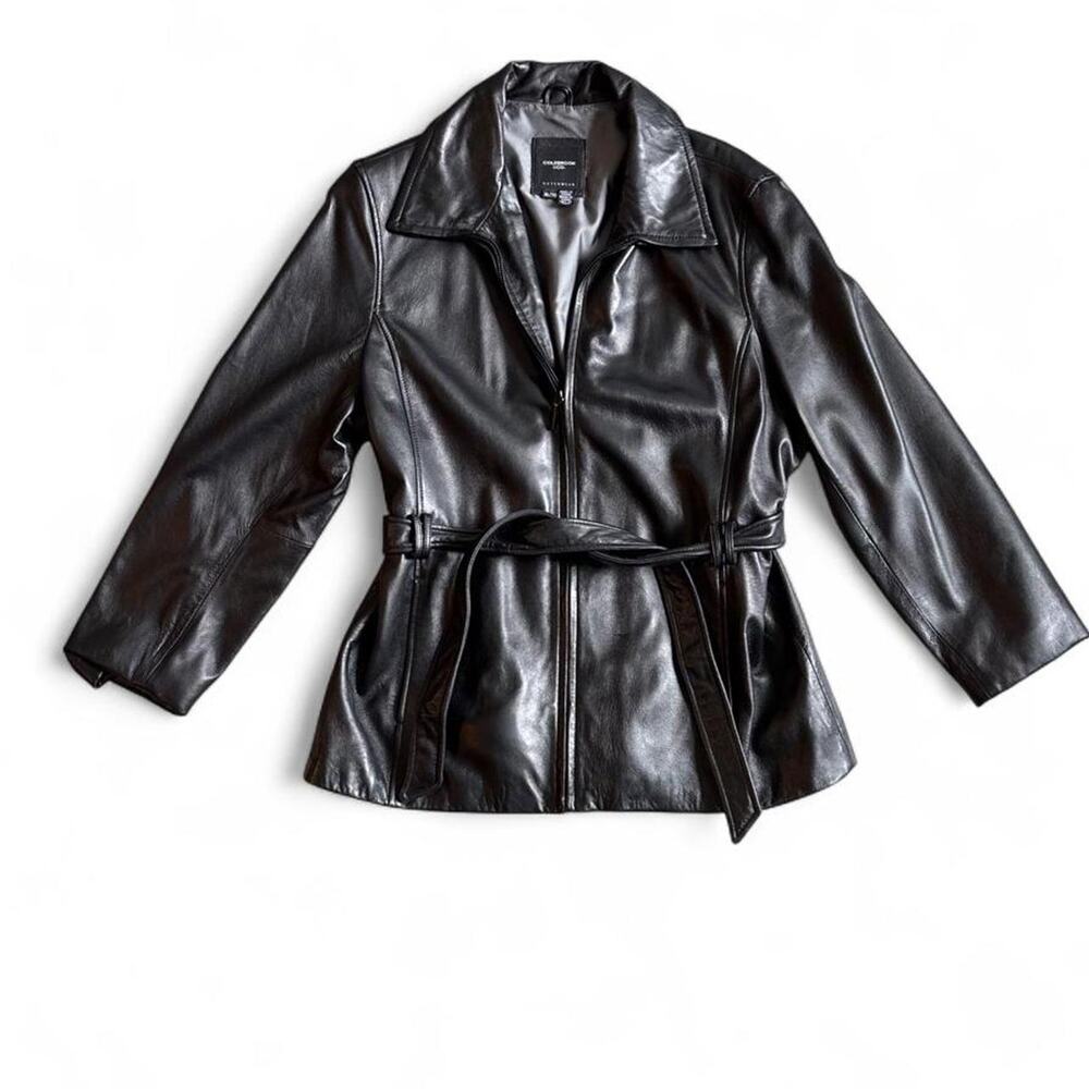 Vintage Black Leather Belted Jacket – Minimalist Classic XL